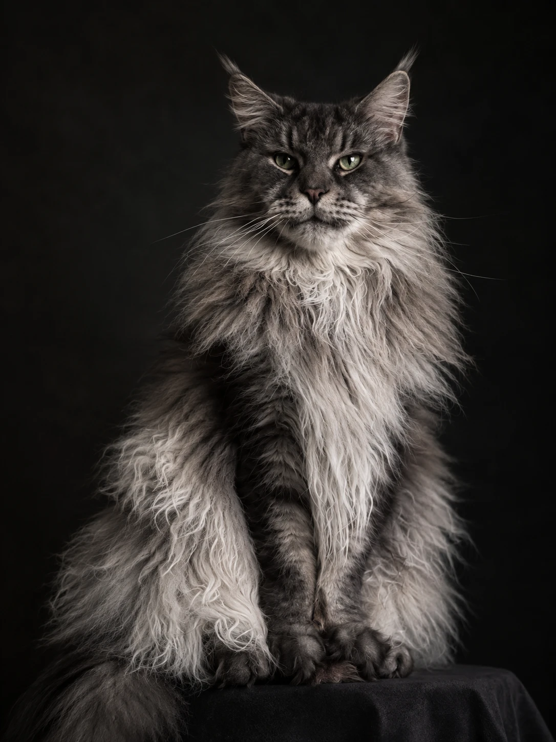 Flinn, a long-haired grey Maine Coon, sitting on a black stand against a dark background and looking straight at the camera