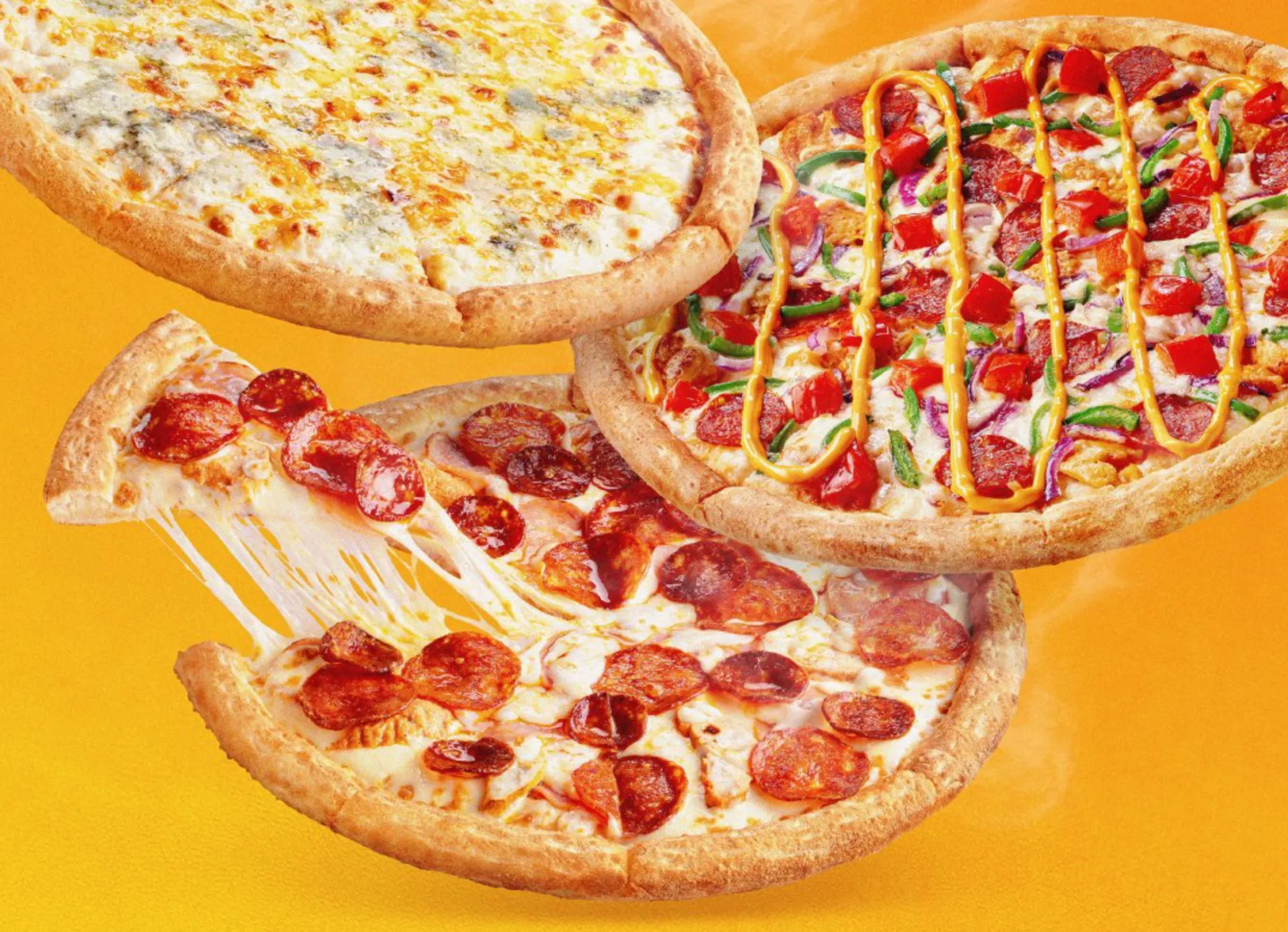 Three pizzas flying over an orange background, a slice with stretching cheese pulling away from the pepperoni pizza