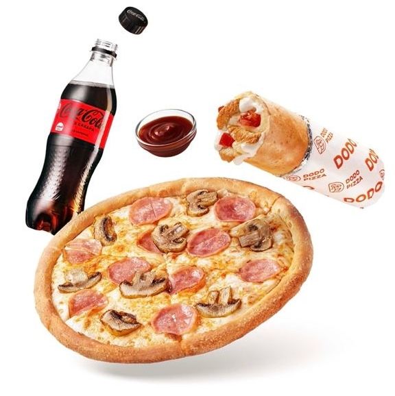 Pizza, a bottle of Coca-Cola, a dip and a Dodo Pizza wrap floating together on a white background