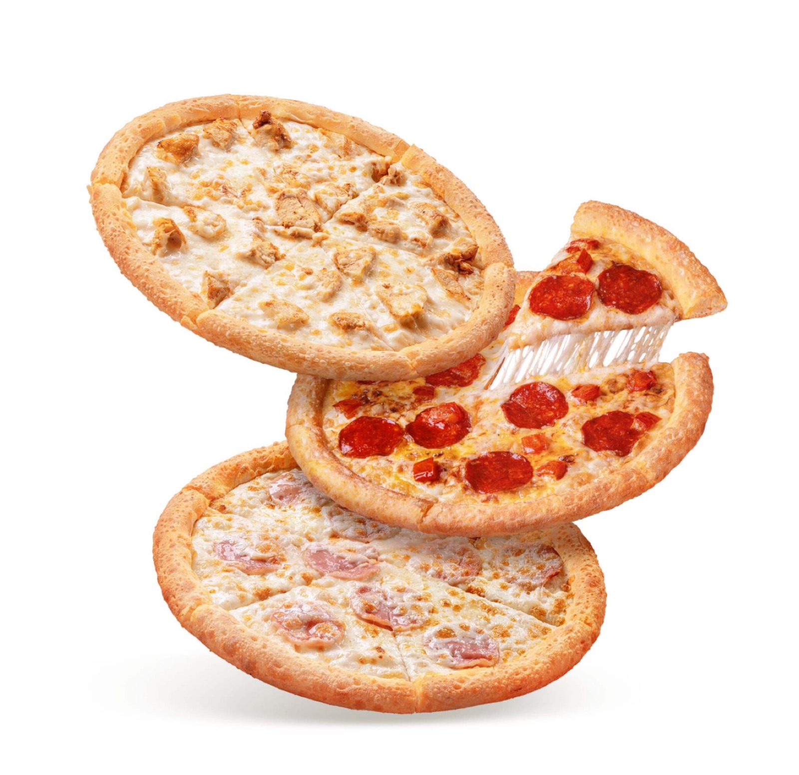 Three pizzas floating one above another, a slice pulling away from the middle one
