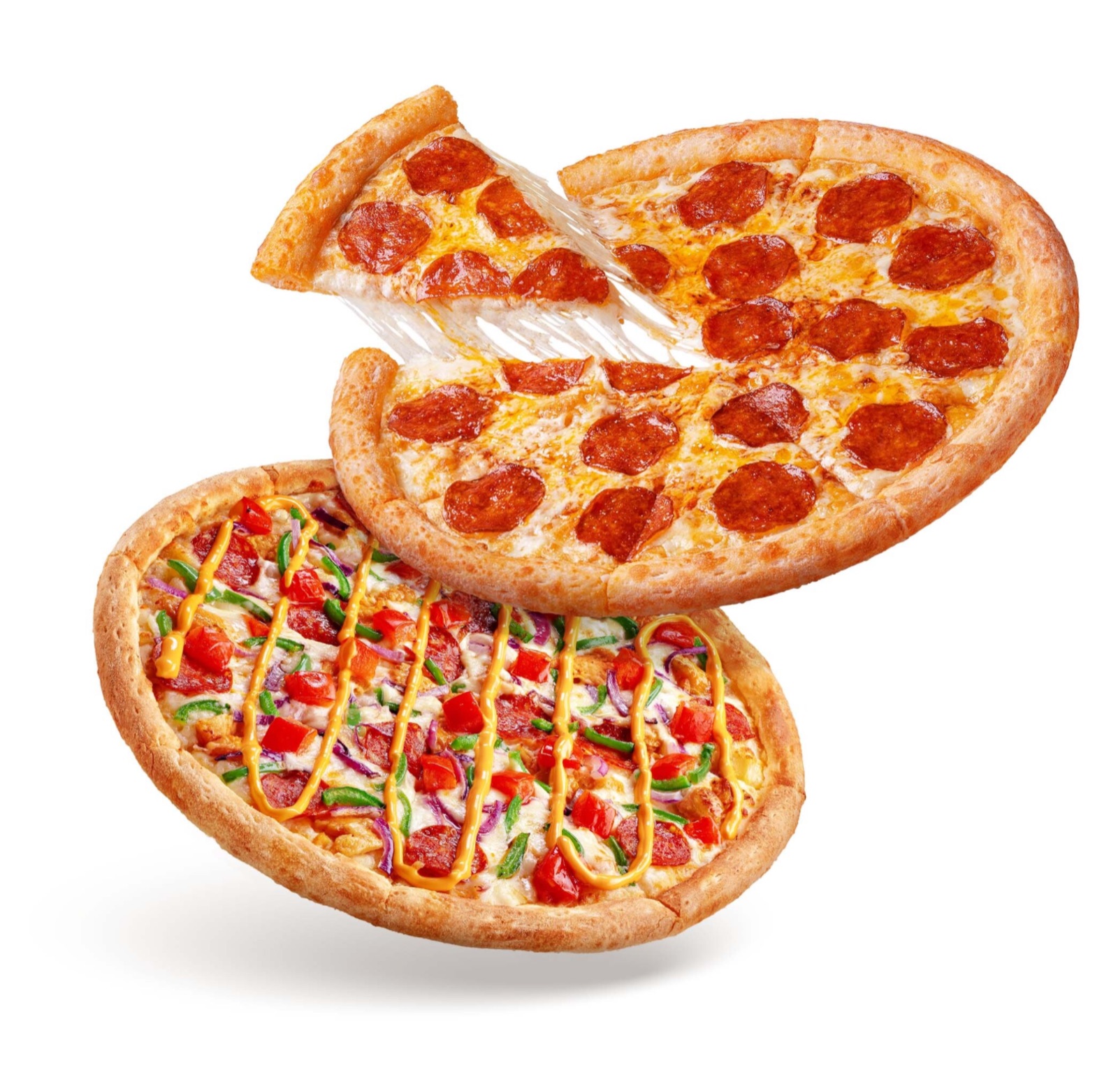 Two pizzas floating one above the other, a slice pulling away from the pepperoni pizza on top