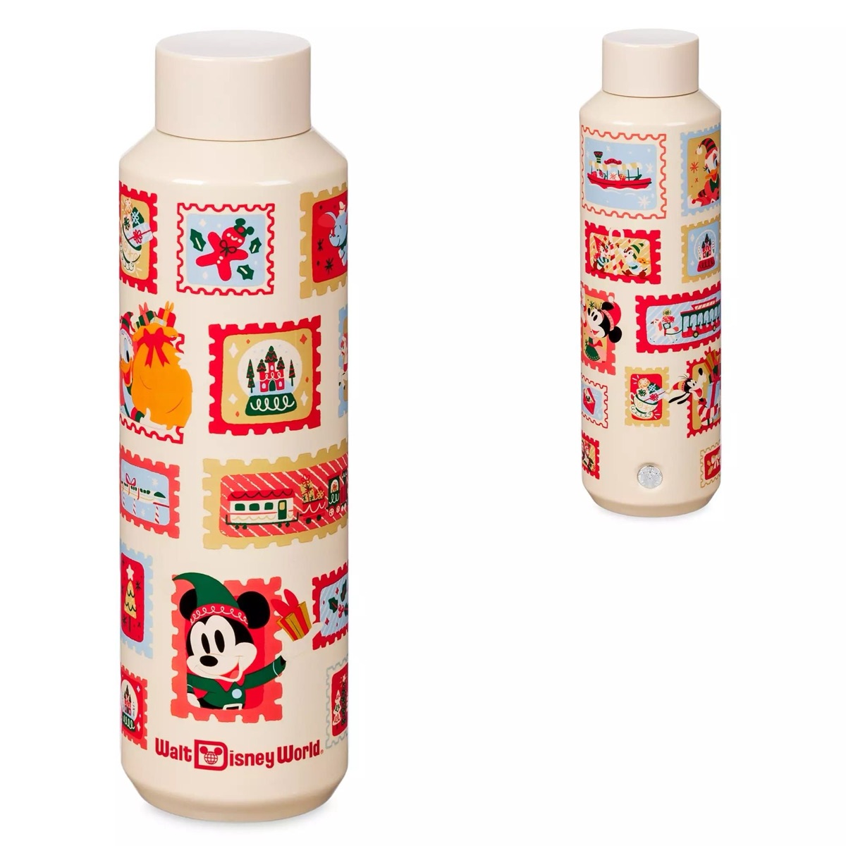 Cream Walt Disney World water bottle covered in holiday postage-stamp illustrations, front and back