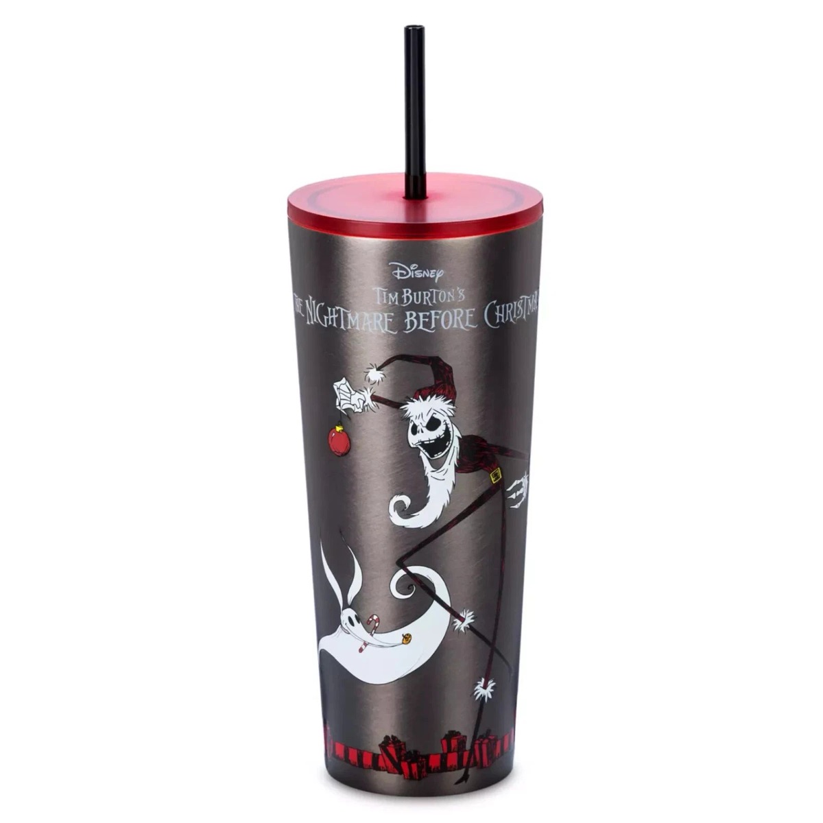 The Nightmare Before Christmas tumbler with a red lid and black straw, product shot