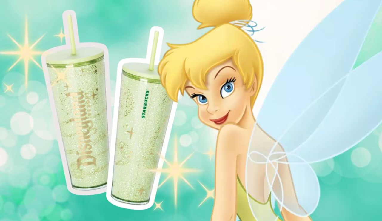 Pale green Tinker Bell cold cups for Disneyland and Starbucks with gold sparkles, next to Tinker Bell