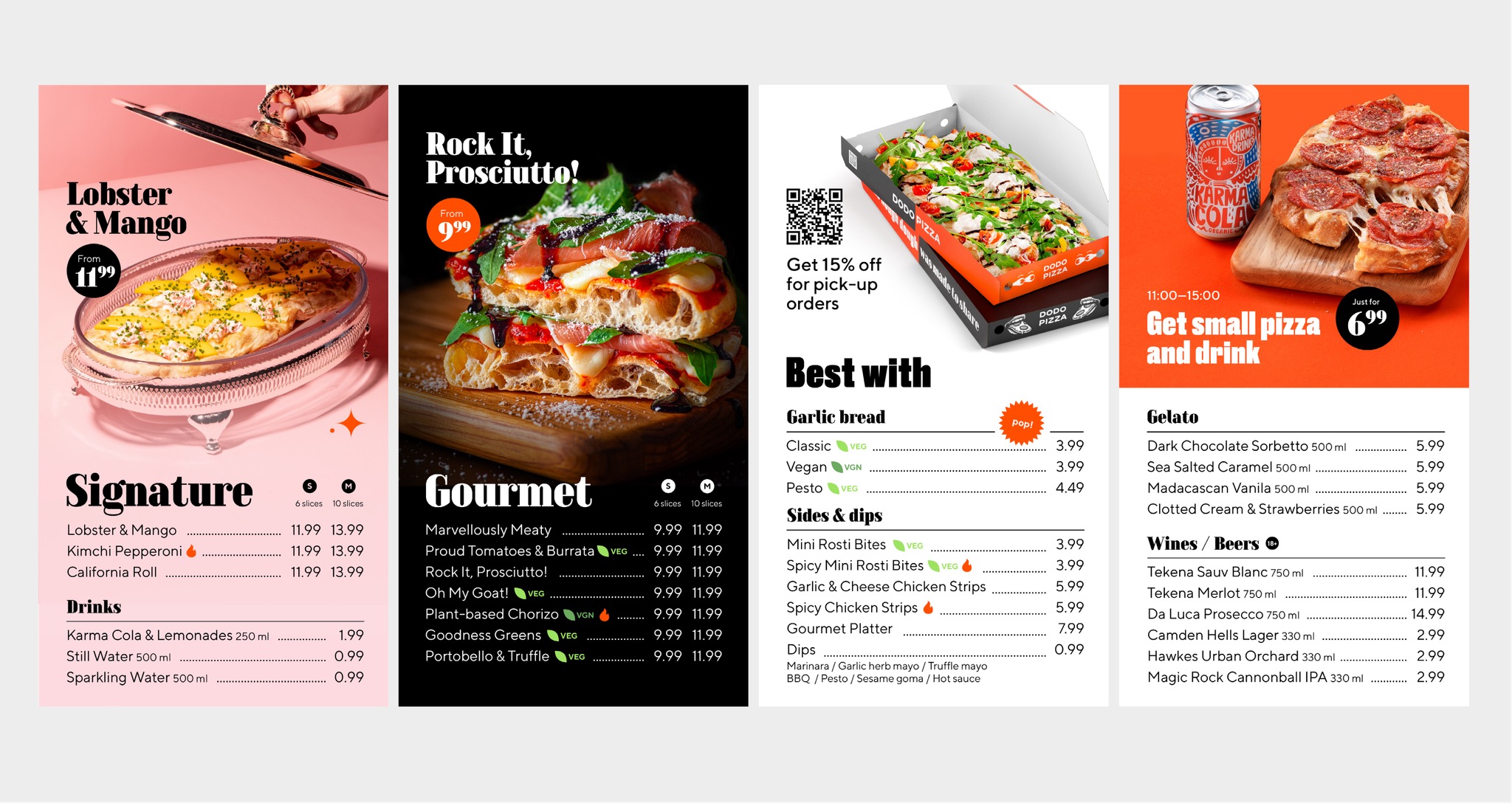 Four digital menu screens: Signature, Gourmet, Best with, and a pizza-and-drink offer