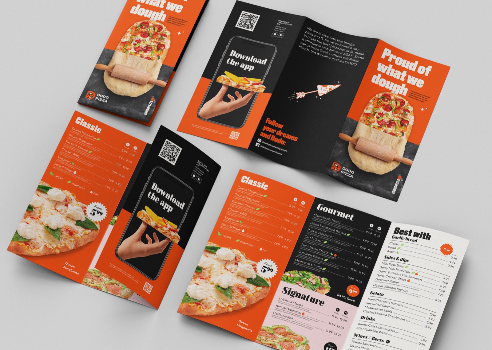 Dodo Pizza UK tri-fold menu leaflets, covers and inside spreads, in orange, black and white