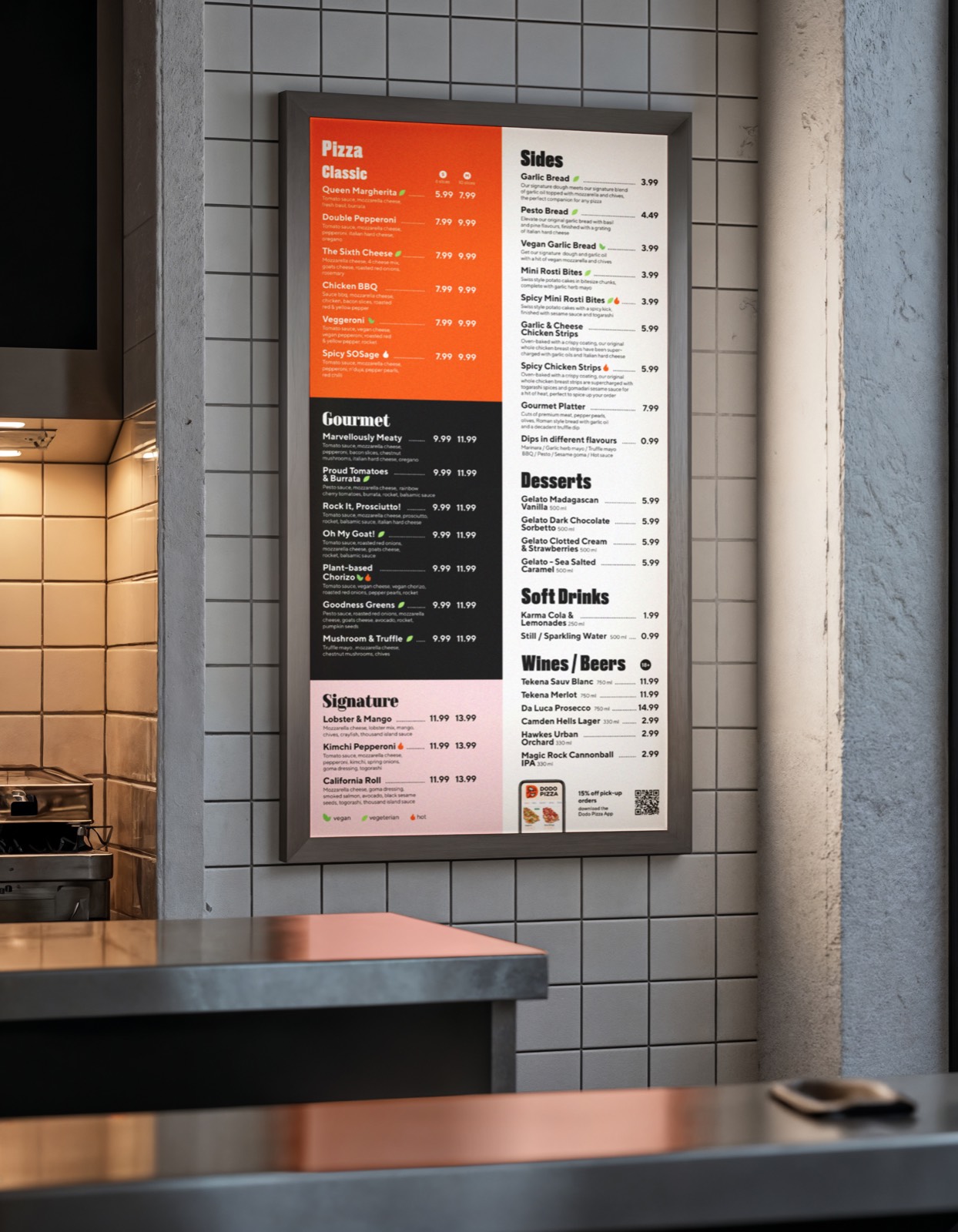 Dodo Pizza UK printed menu board on a tiled restaurant wall