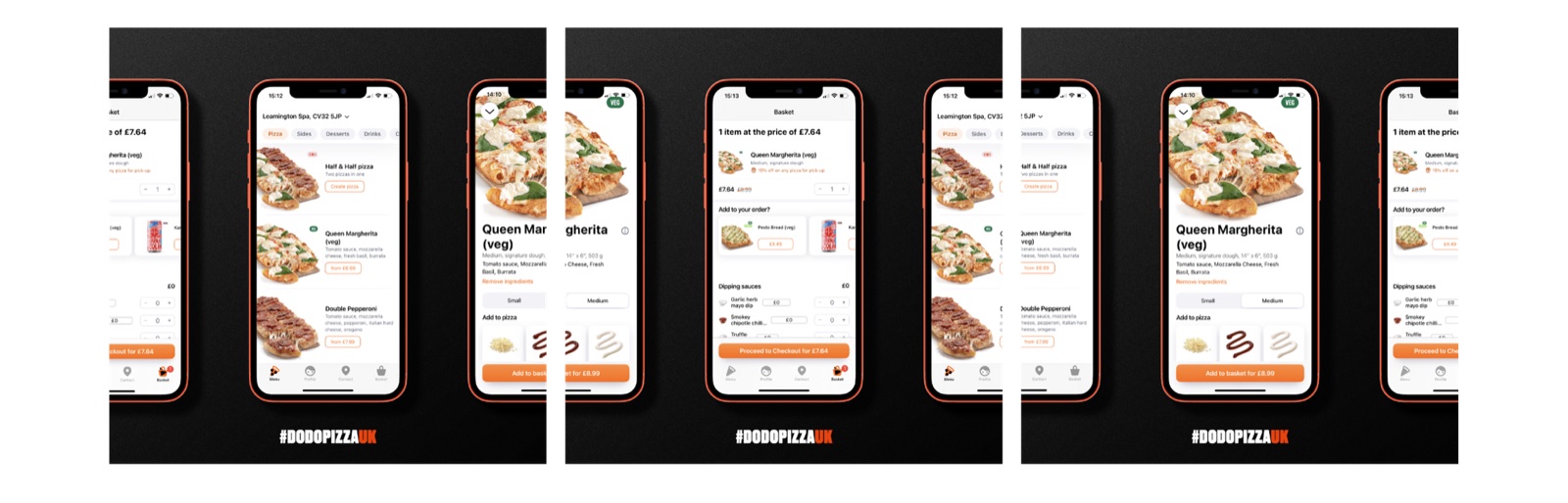Three posts showing the Dodo Pizza app on phones: basket, menu and pizza screens, with #DODOPIZZAUK