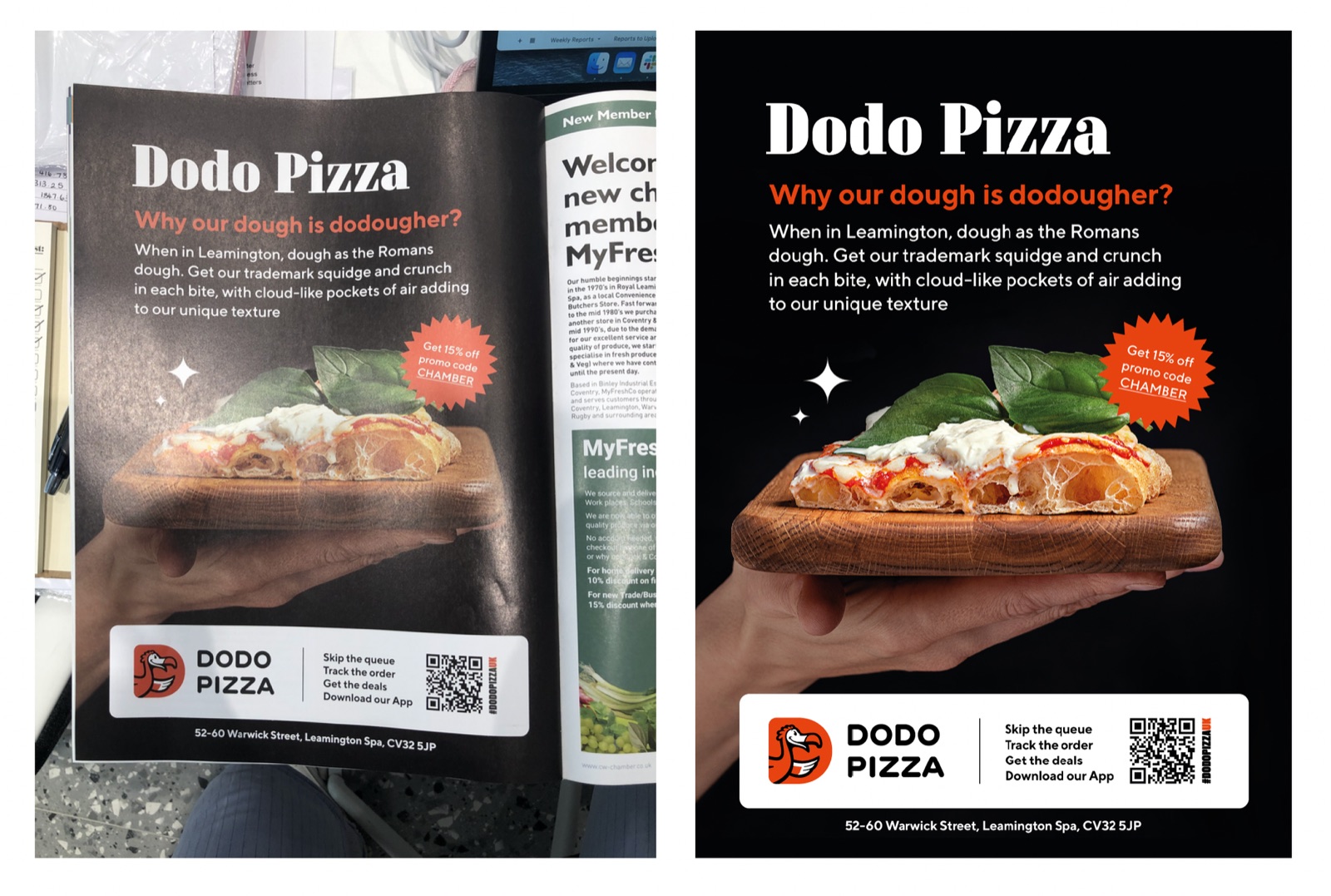 Dodo Pizza magazine ad “Why our dough is dodougher?”, printed in a local magazine and as the layout