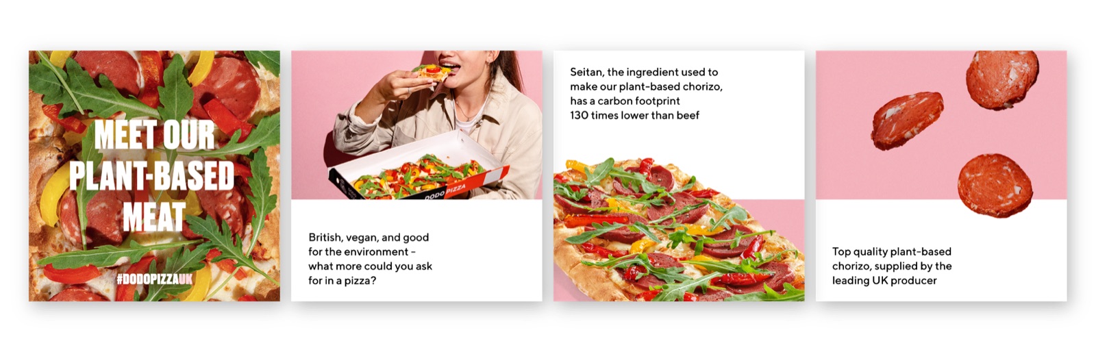 Instagram carousel “Meet our plant-based meat”: four slides about the vegan chorizo made from seitan
