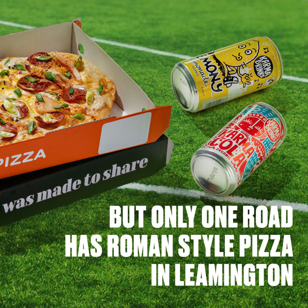 Post: “But only one road has Roman style pizza in Leamington”, with a pizza box and two Karma Drinks cans on the grass