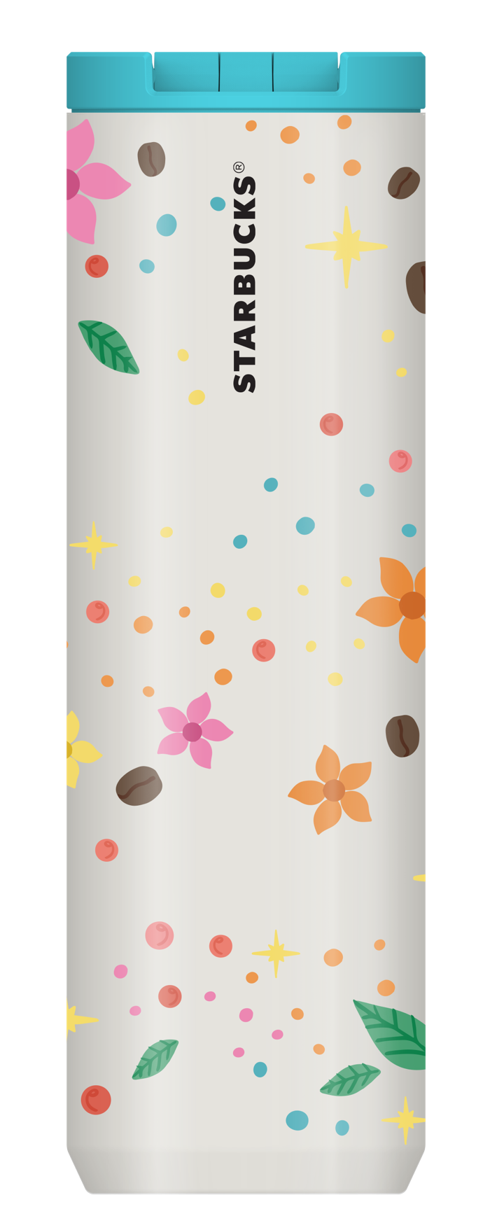 Peru tumbler, back: the Starbucks wordmark with flowers, leaves and coloured dots