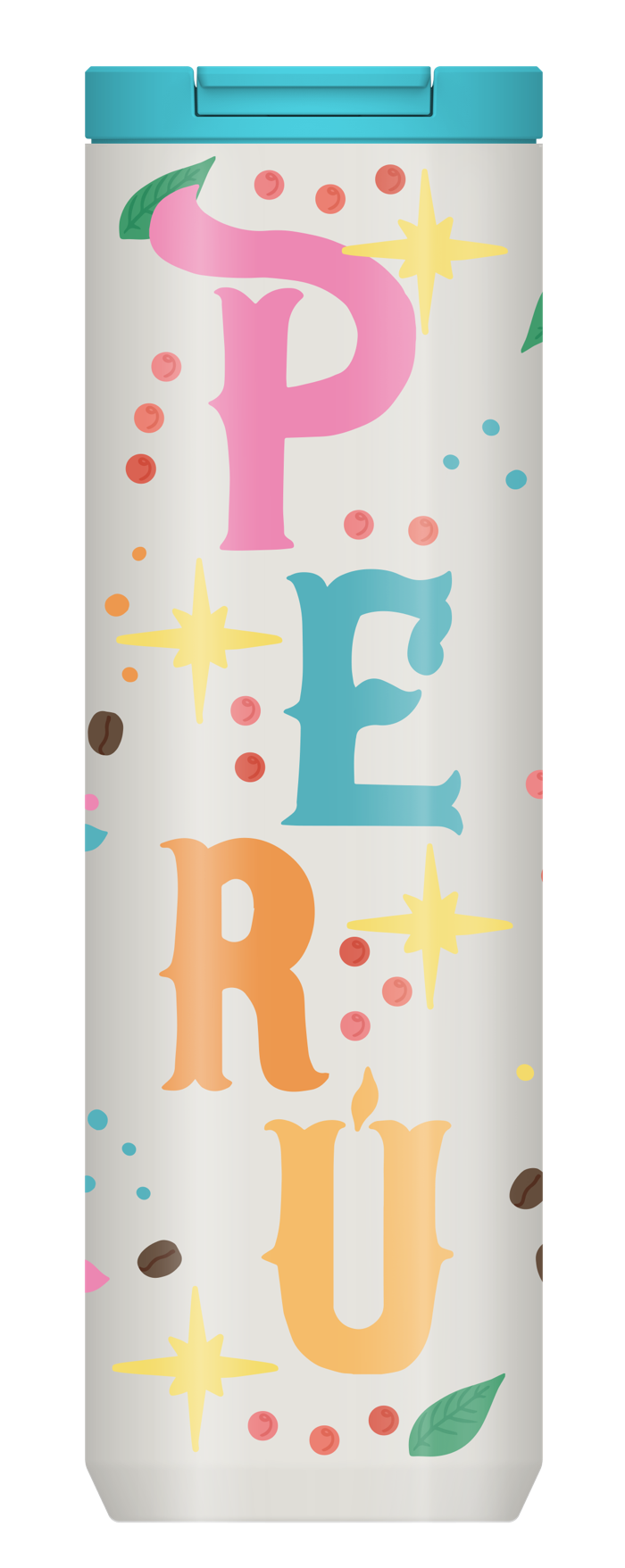 Peru tumbler, front: the word PERÚ in colourful letters with stars and dots, blue lid