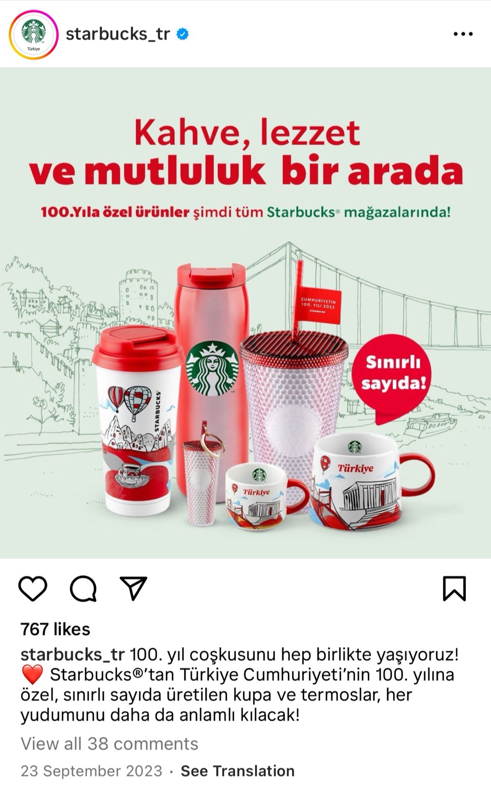 Starbucks Türkiye Instagram post “Kahve, lezzet ve mutluluk bir arada” with the red 100th anniversary cups, tumbler and mugs