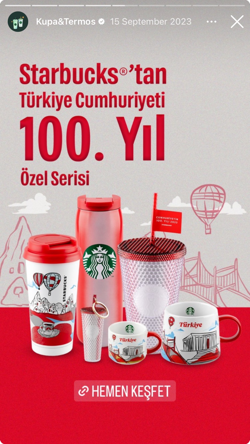 Starbucks Türkiye Instagram story announcing the special series for the 100th anniversary of the Republic of Türkiye